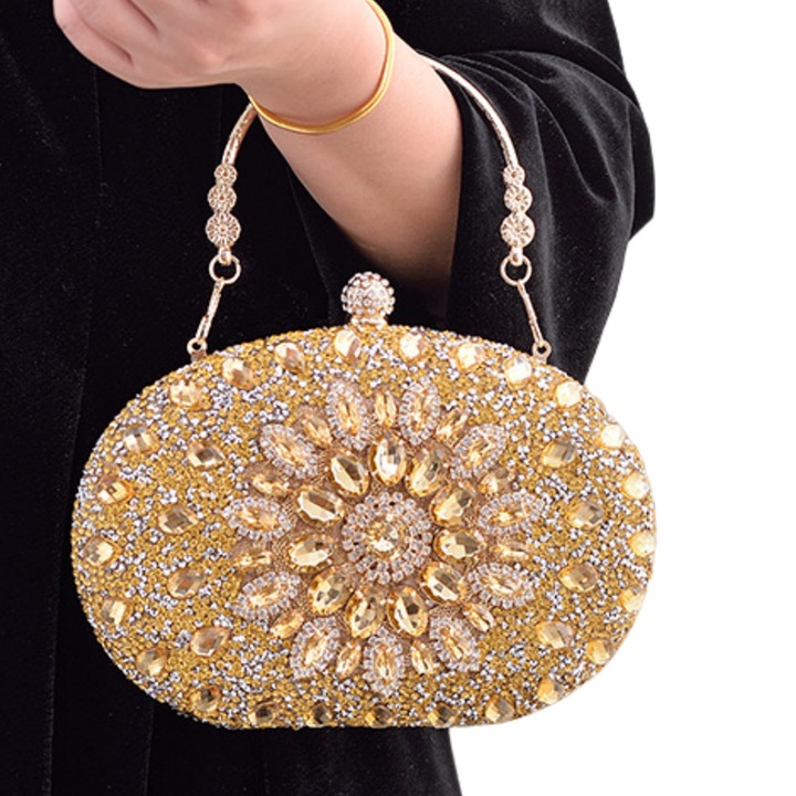 Geanta Plic de ocazie, Accesorizata cu Cristale Mari de Zirconiu Galben, Paiete, Margele si Pietre brodate manual, Floarea-soarelui, Lux, Eleganta, pentru evenimente speciale, Geanta metalica cu maner scurt, detasabila, Inchidere metalica