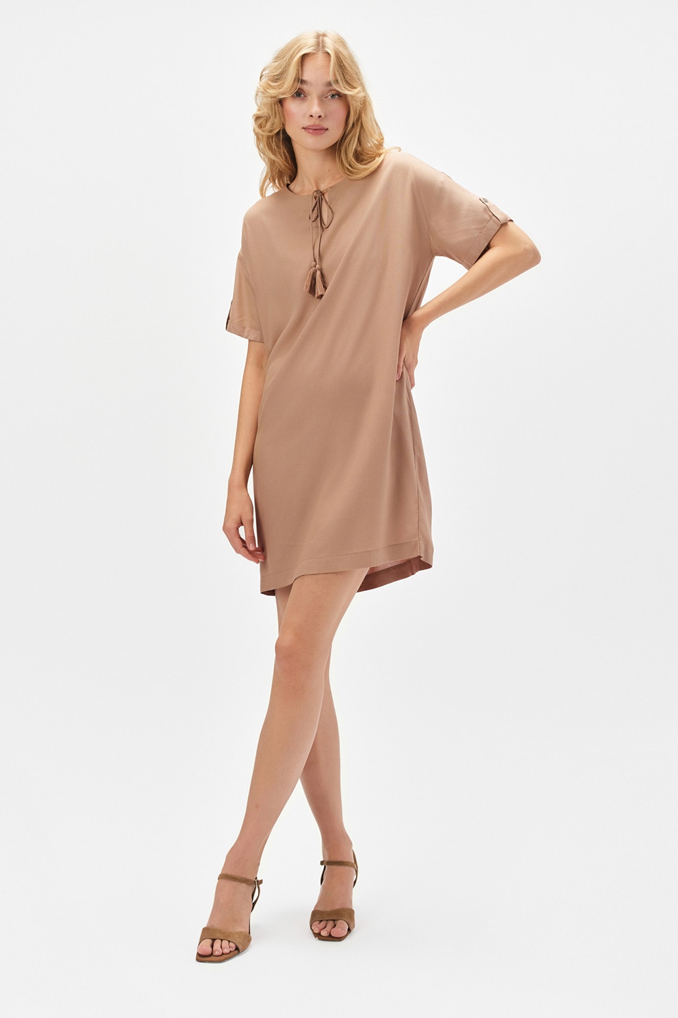 Top Secret, Rochie midi dreapta cu decupaj in V, Maro nisip, 44