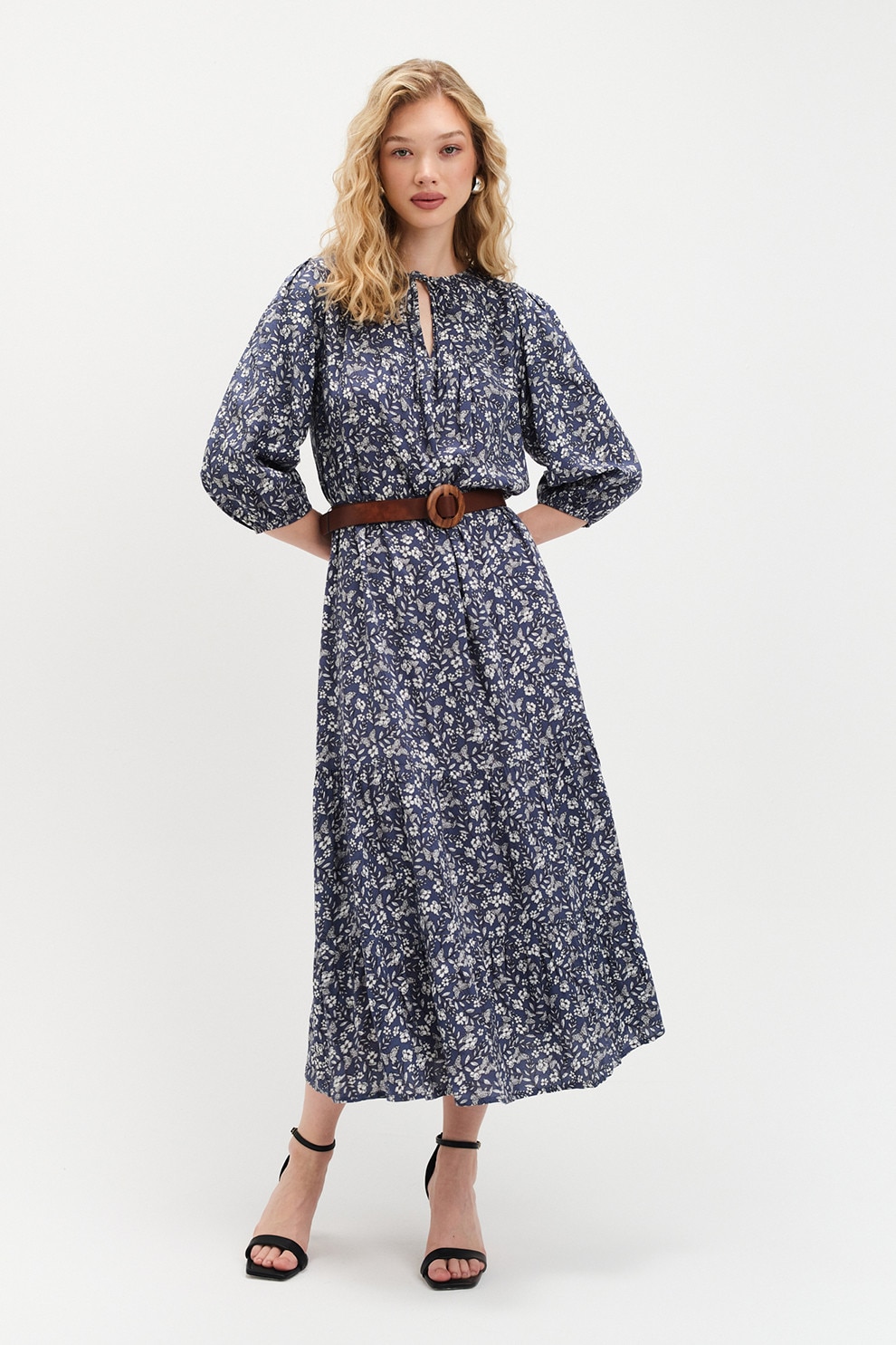 Top Secret, Rochie cu model si maneci bufante, Alb, Albastru prafuit, 34-36