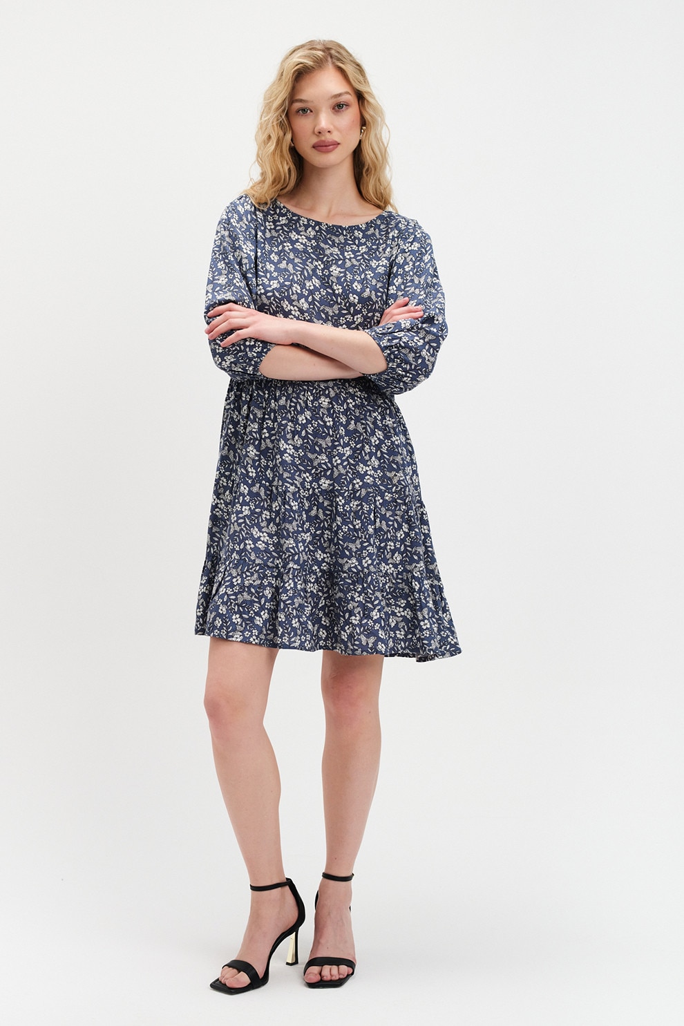 Top Secret, Rochie cu model si maneci bufante, Alb, Albastru prafuit, 42