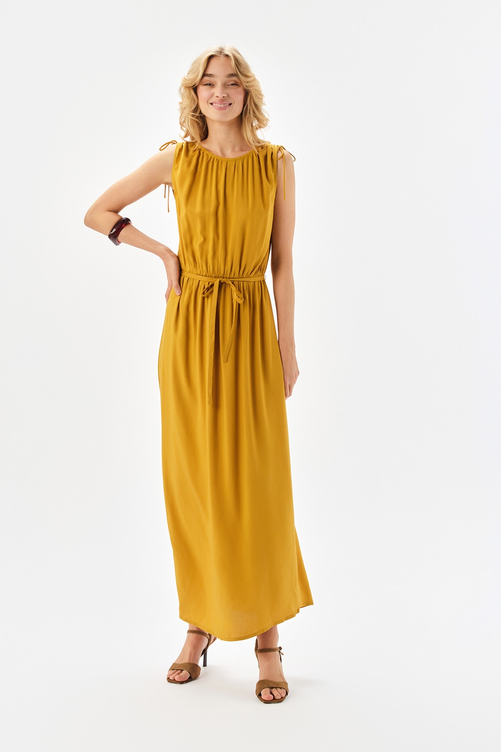 Top Secret, Rochie maxi dreapta cu cordon in talie, Galben mustar, 42