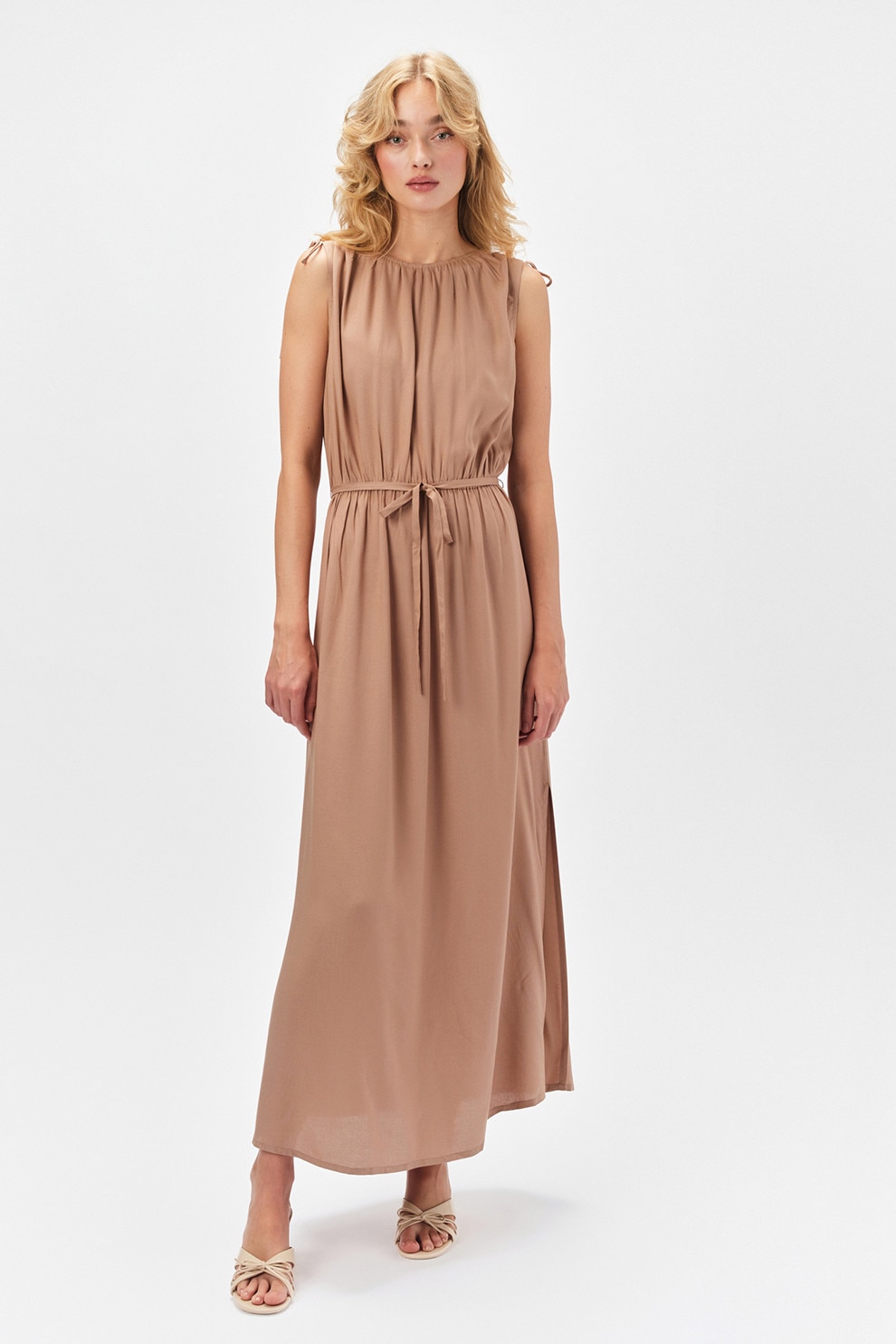 Top Secret, Rochie maxi dreapta cu cordon in talie, Maro nisip, 36