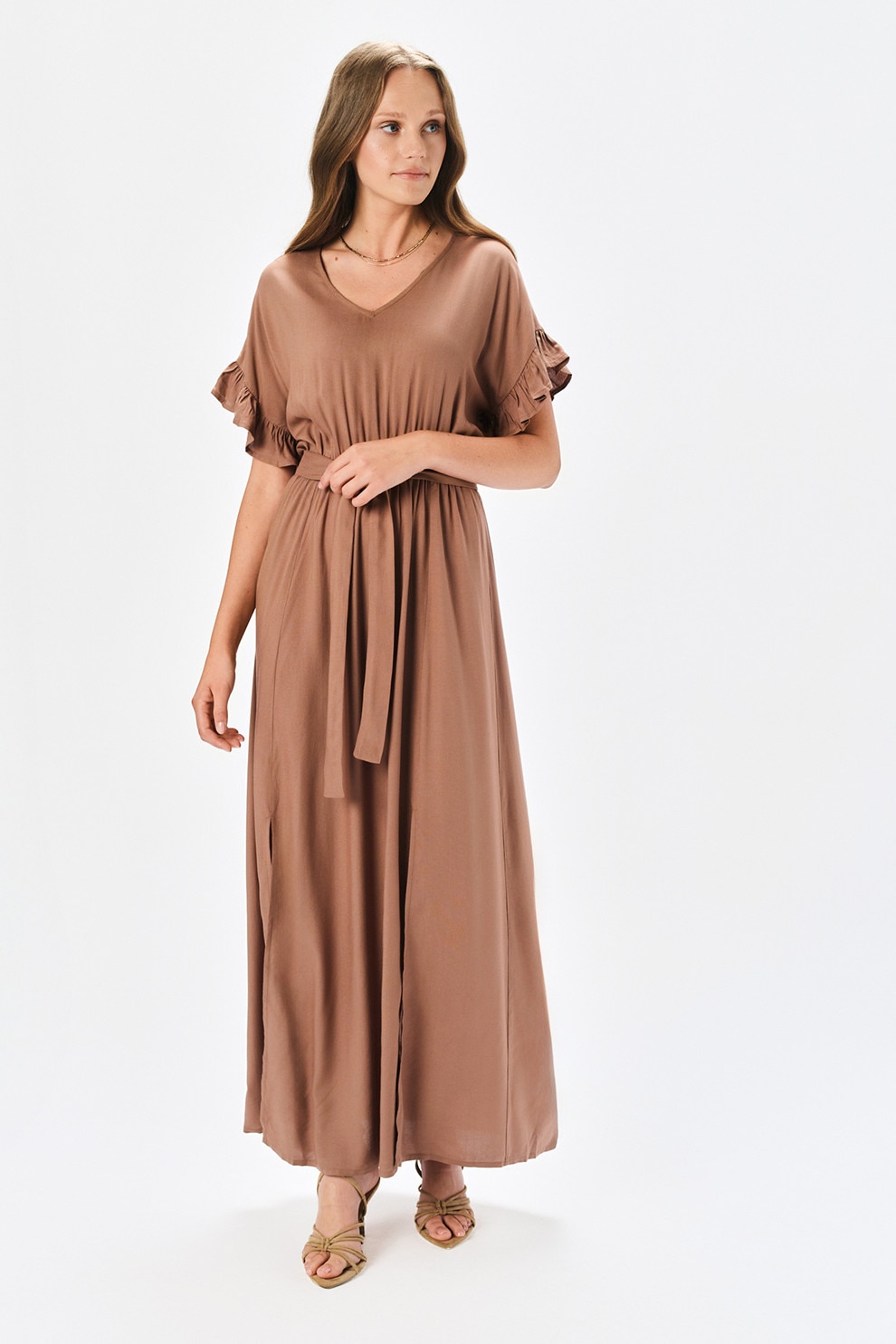Top Secret, Rochie lunga cu slituri frontale, Maro deschis, 36