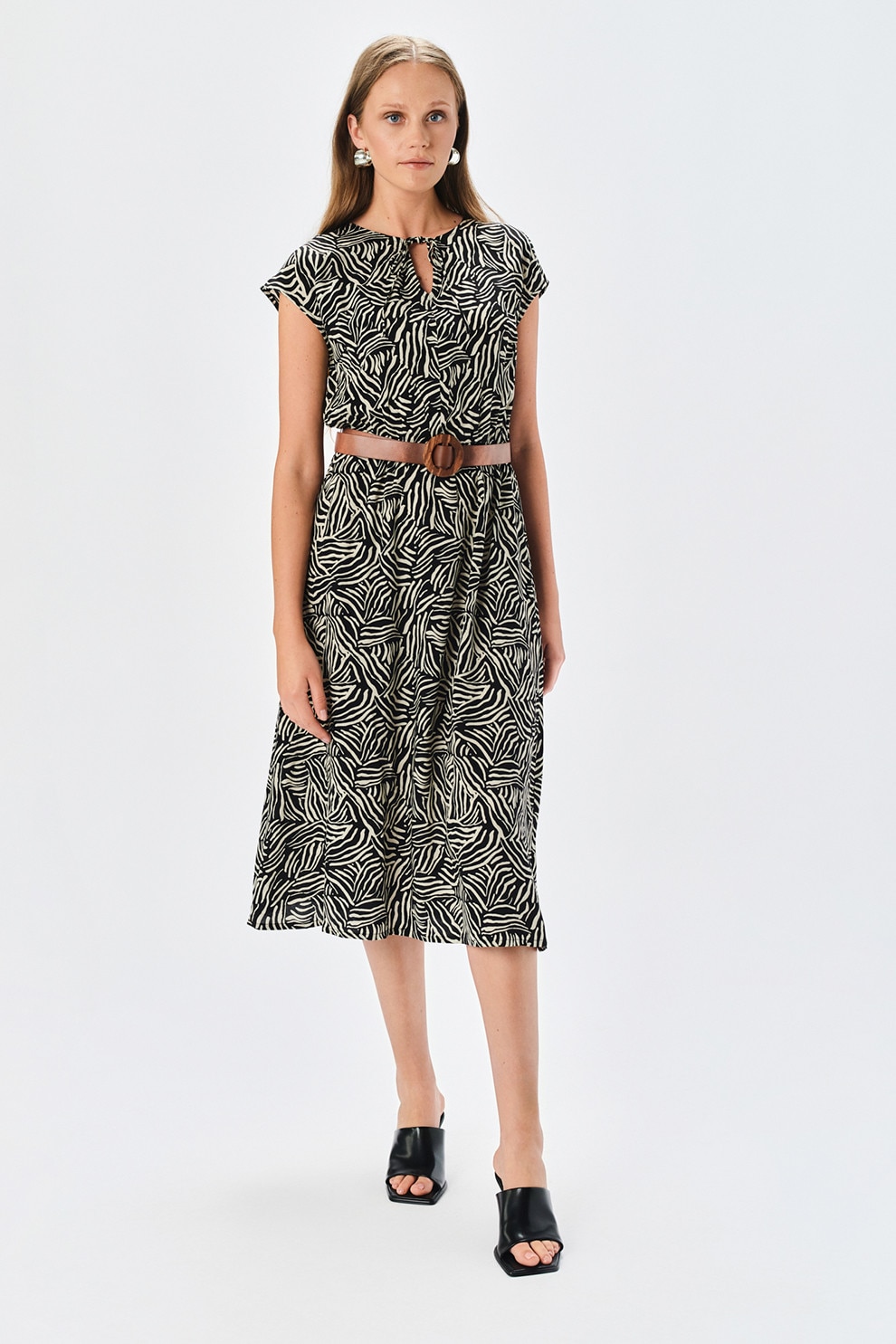 Top Secret, Rochie scurta cu model, Alb fildes, Negru, 36