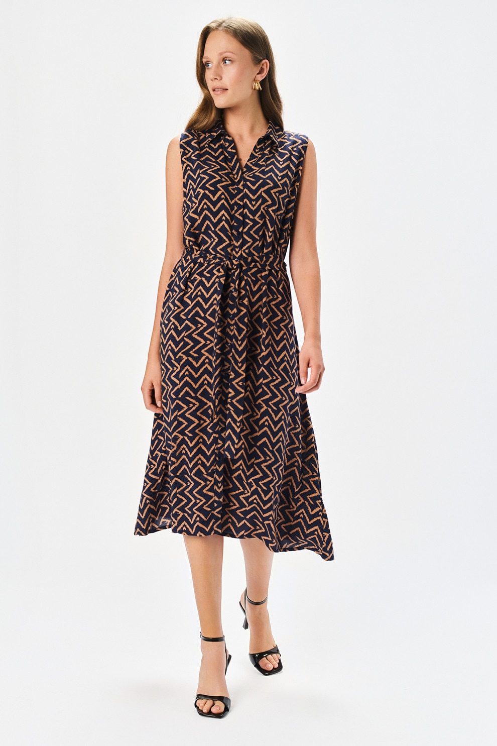 Top Secret, Rochie midi cu model si cordon in talie, Negru, Maro scortisoara, 34