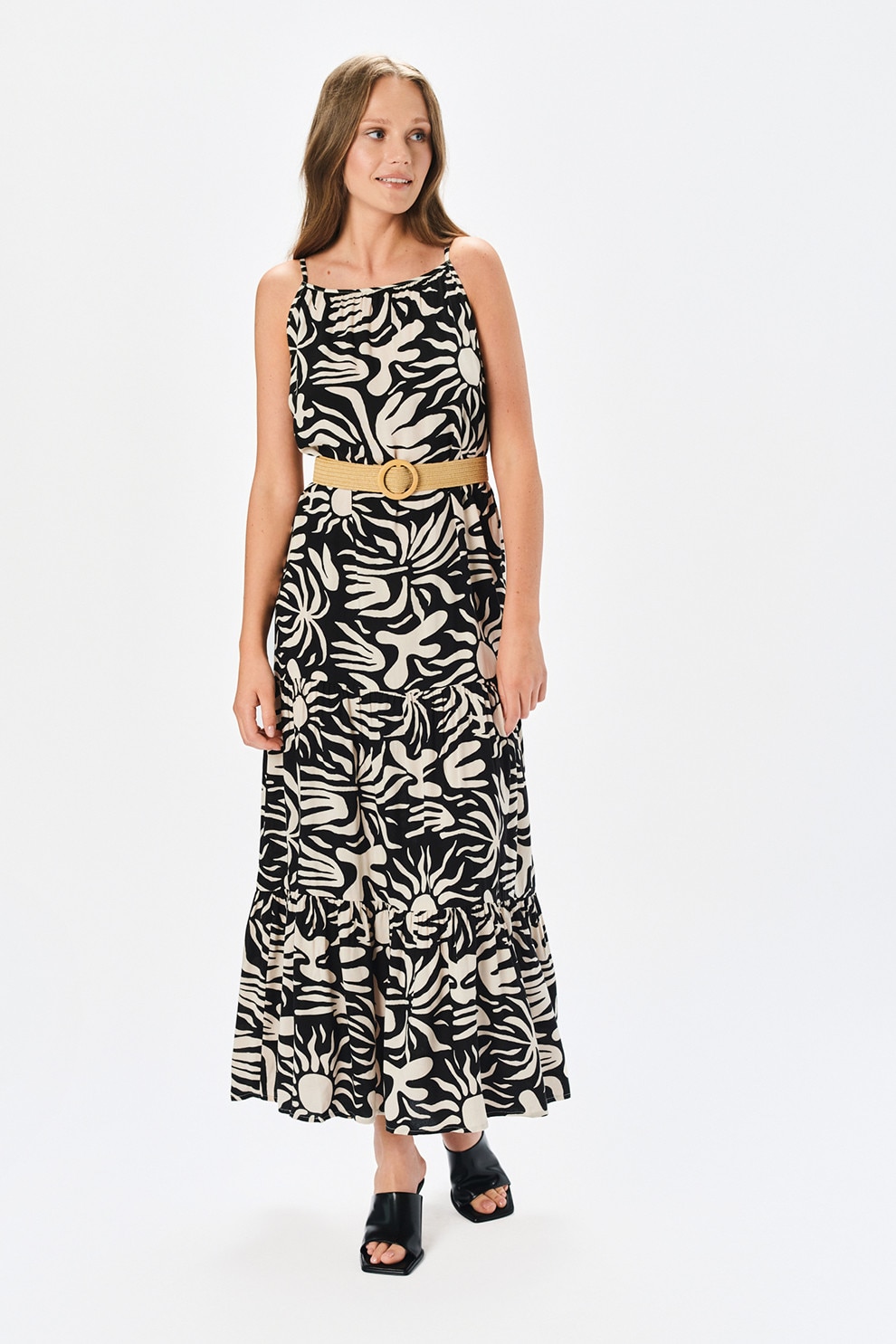 Top Secret, Rochie maxi cu model si terminatie cu volane, Negru, Crem, 40