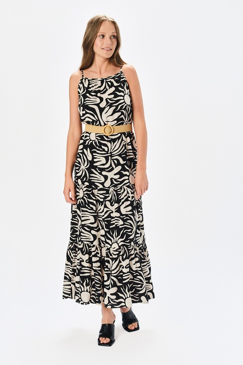 Top Secret, Rochie maxi cu model si terminatie cu volane, Negru/Crem