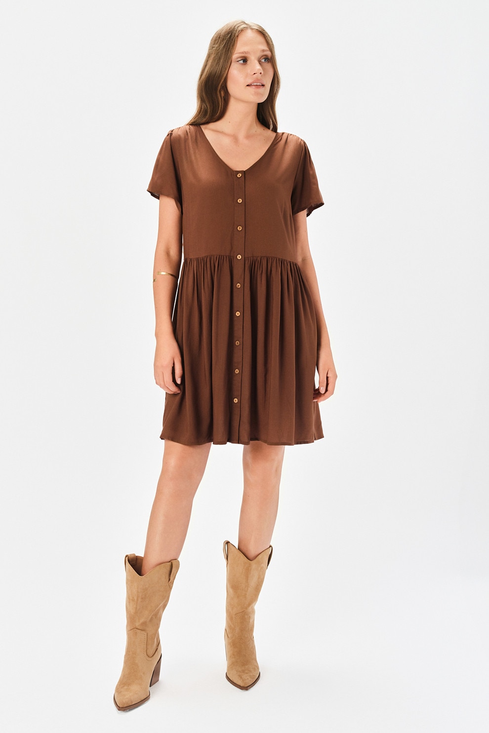 Top Secret, Rochie mini evazata cu decolteu in V, Maro inchis, 40