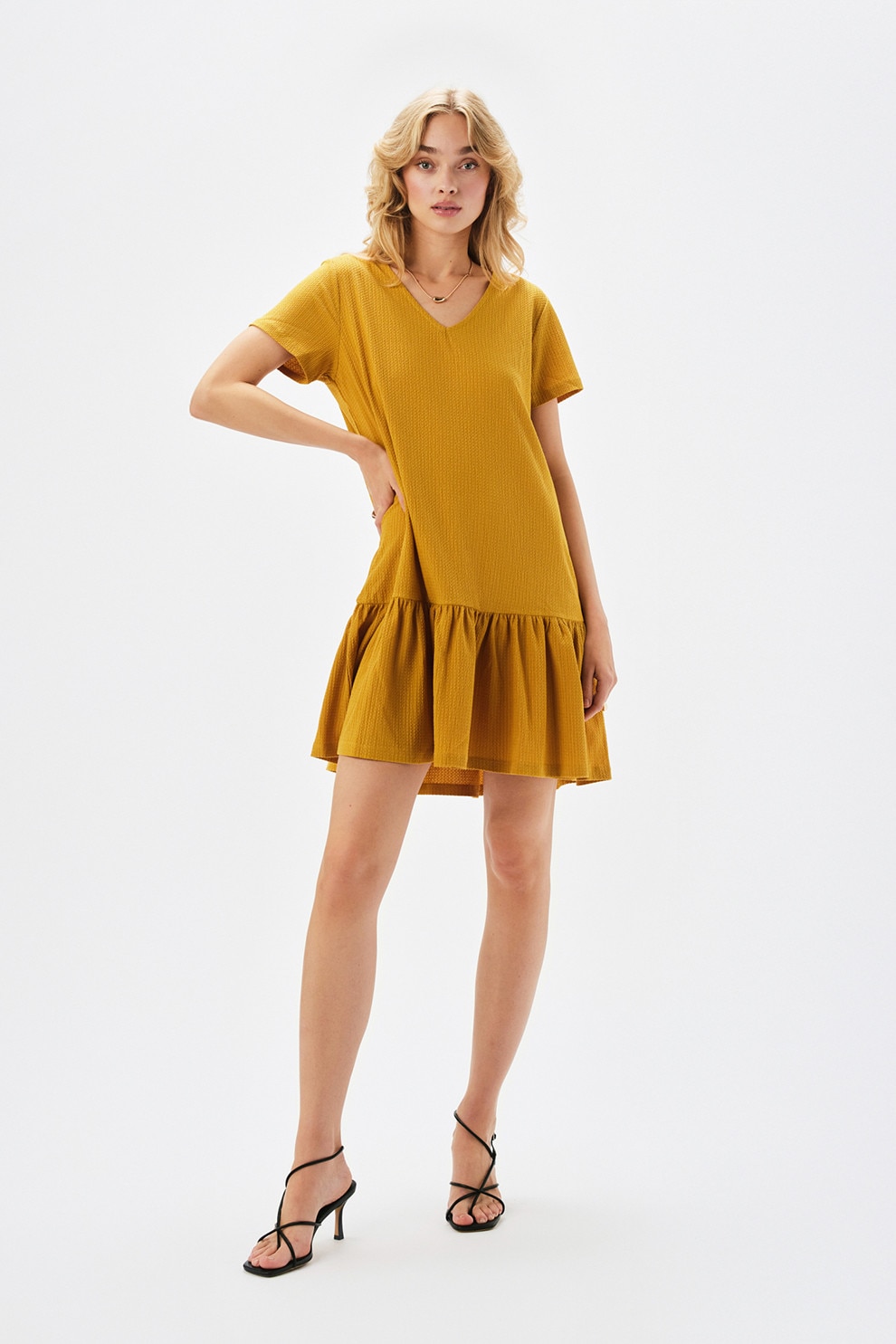 Top Secret, Rochie evazata cu maneci scurte, Galben mustar, 38