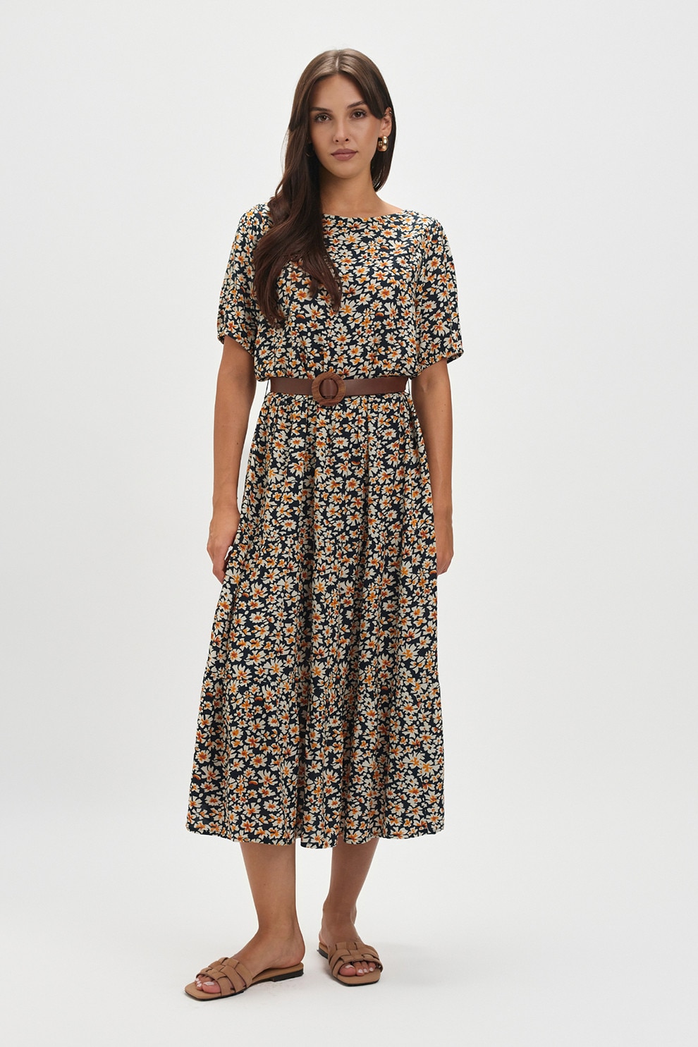 Top Secret, Rochie midi cu model si curea, Alb, Albastru ultramarin, Portocaliu deschis, 38