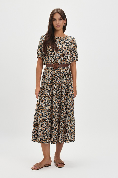 Top Secret, Rochie midi cu model si curea, Alb/Albastru ultramarin/Portocaliu deschis