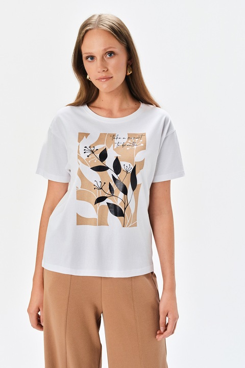 Top Secret, Tricou de bumbac cu imprimeu floral, Maro nisip/Alb optic