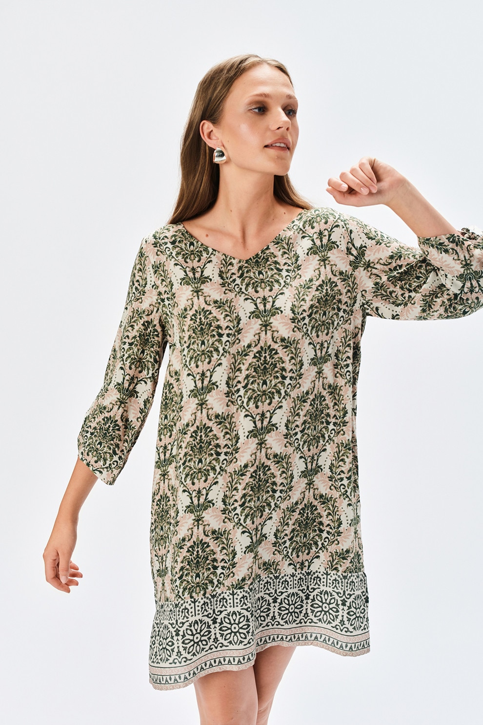 Top Secret, Rochie cu guler tunica si motive orientale, Verde englez, Alb murdar, Roz prafuit, 40