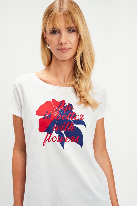 Top Secret, Tricou cu imprimeu floral, Alb optic/Rosu vermillion