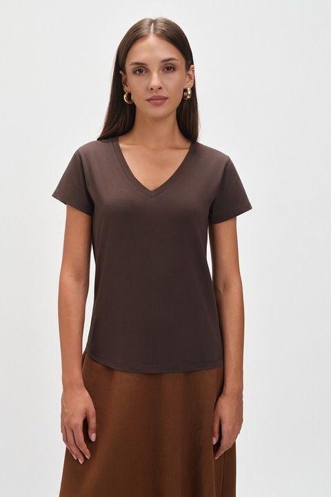 Top Secret, Tricou de bumbac cu decolteu in V, Maro inchis