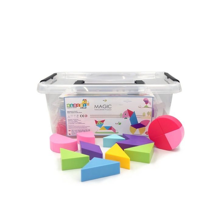 Set de constructie X-Bida, Tangram magnetic, 100 elemente, multicolor, pentru copii de la 3 ani