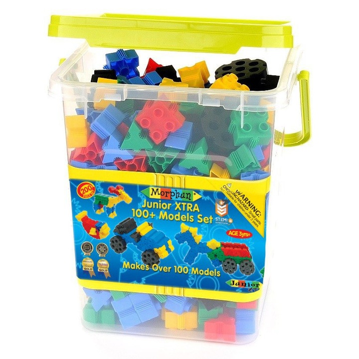 Morphun Junior Xtra építőjáték készlet, 200 elemes, 100 modell, többszínű, 38x28x6cm