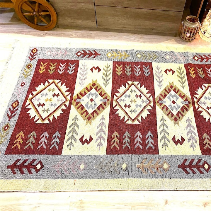 Covor Casa de Vis, rustic, bumbac cu iuta, Multicolor, 140x215 cm