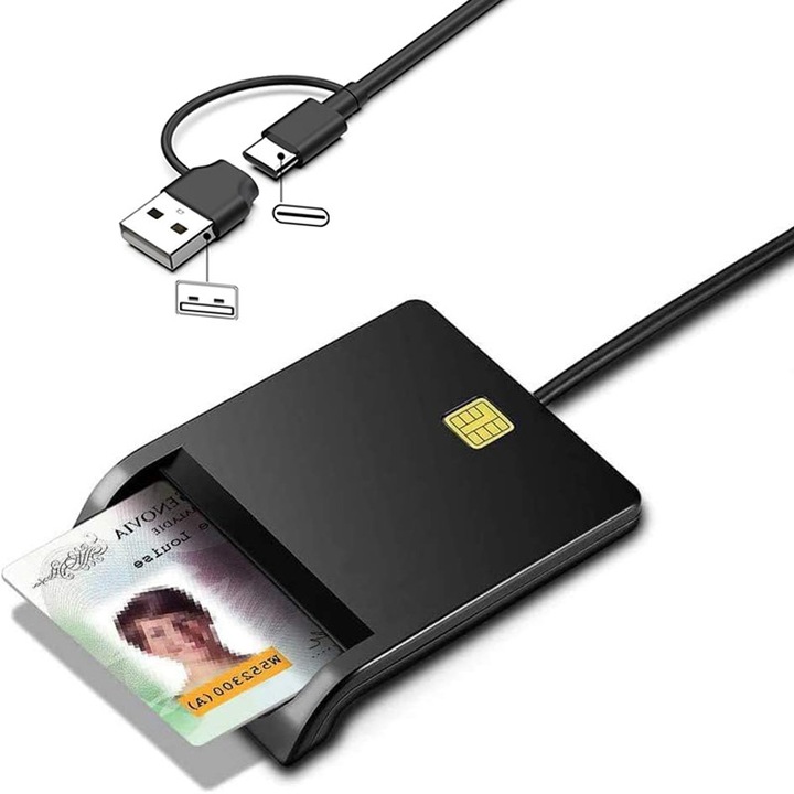 Cititor electronic carti de identitate, Rqiurpn, Smart Card FlatReader, compatibilitate USB-C, USB-A, Negru