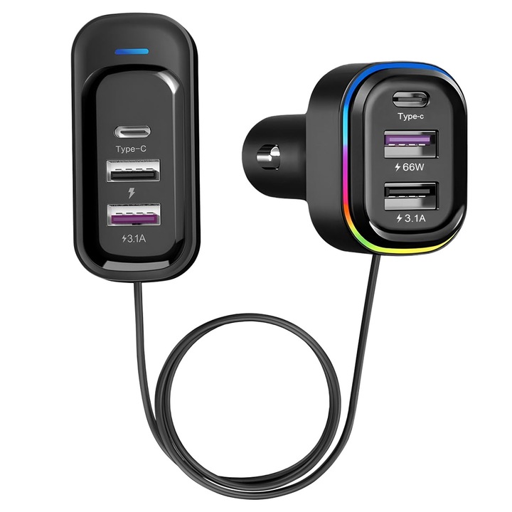 Incarcator auto, 66W, cu 6 porturi USB/Type-C, protectie supraincalzire, Incarcare rapida, cablu de extensie 1.5m, Universal, Compatibil iPhone Samsung, OUYLAF, negru