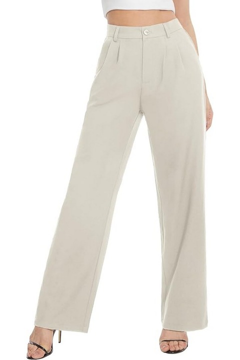Pantaloni dama cu talie inalta, largi, drepti, elastici, confortabili, cu buzunare, croiala relaxata, bej, marime S, Tapata