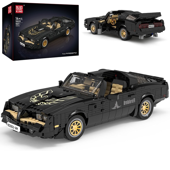 Set de constructie Mould King 10029, Pontiac Firebird, 1557 Piese, Capota, Portiere si Portbagaj Functionale, Model Muscle Car de Colectie, 32,2 cm, 14+