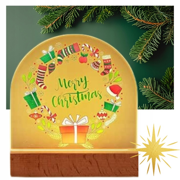 Karácsonyi LED dekorlámpa, 16,7x15cm, akril és fa, USB tápellátás, meleg fény