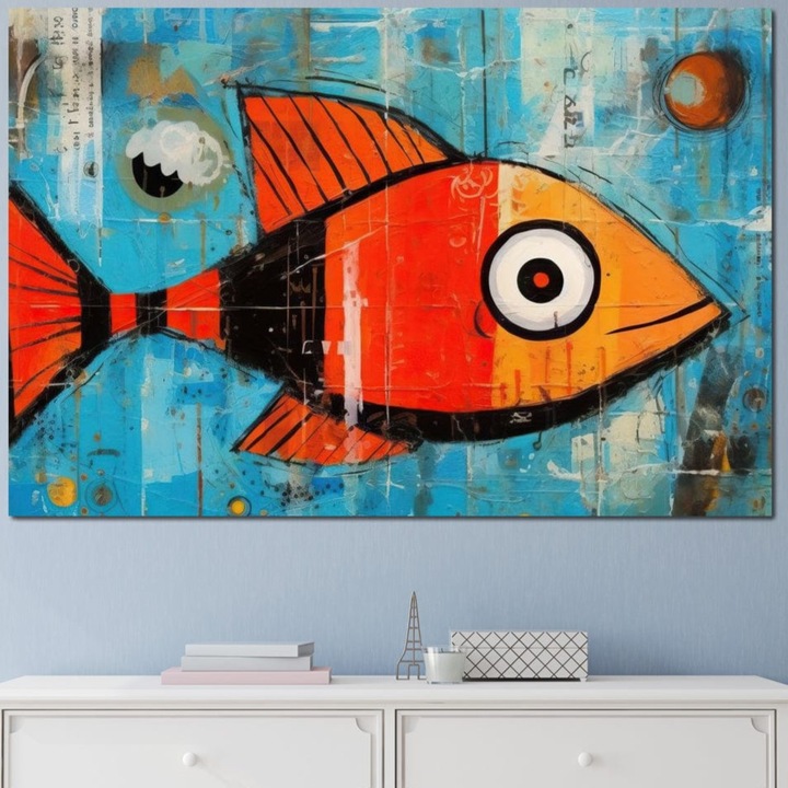 Tablou Canvas Premium, LuxCanva® M1413, Ochiul Oceanului, 100 X 150 CM, Panza Bumbac 100% 400g/m2, Sasiu Lemn, Peste, Ocean, Acvatic, Abstract, Modern, Pop Art, Animat, Linii, Forme, Solzi, Birou, Living, Camera Copil