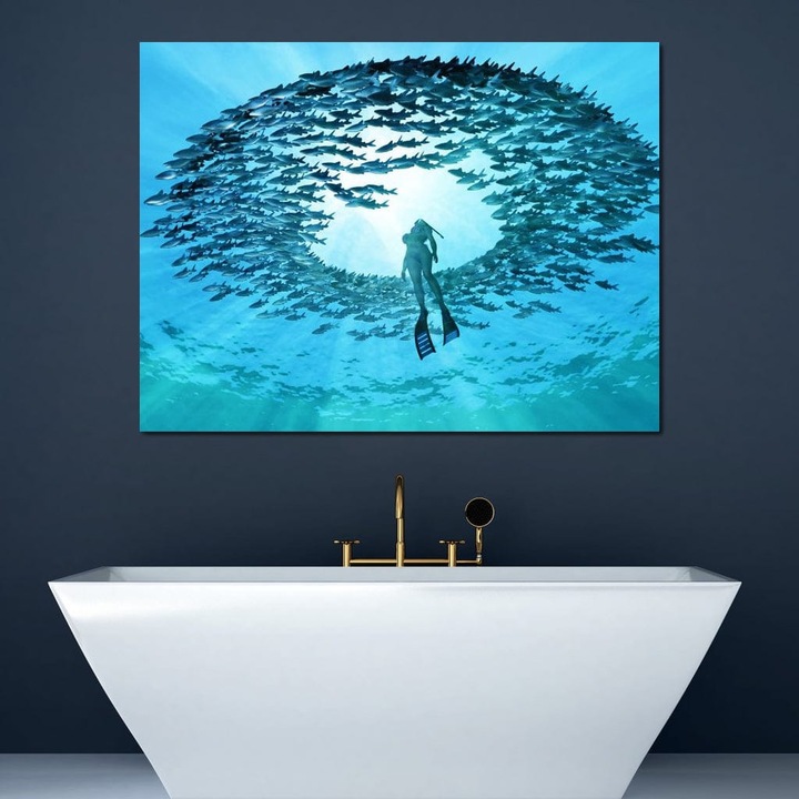 Премиум Канава Картина, LuxCanva® M1415, Прегръдката на Океана, 90 X 120 СМ, 100% Памучно платно 400гр/м2, Дървена подрамка, Водолаз, Вода, Океан, Риби, Кръг, Вихър, Дълбини, Светлина, Танц, Офис, Хол, Детска стая