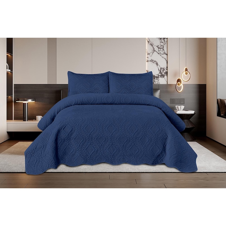 Set Cuvertură de Pat, din Catifea, 3 piese, Albastru Închis, 220x240cm, cu 2 Fete de Pernă
