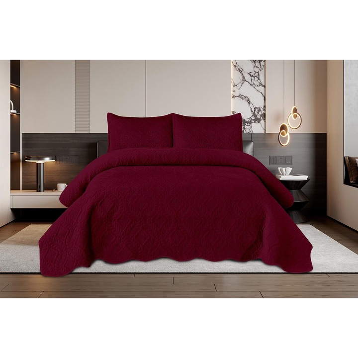 Set Cuvertura de Pat din Catifea de Lux, 3 piese, 220x240cm, Model Uni, cu 2 Fete de Perna Incluse, Culoare Rosu Inchis