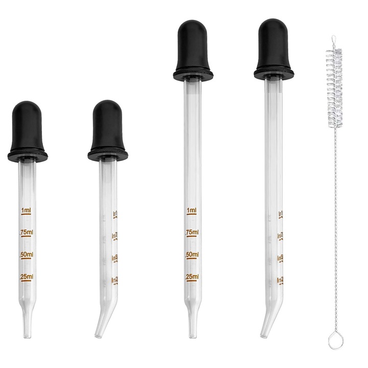 Комплект от 5 пипети ZGGZERG, стъклени, градуирани, четка за почистване и гумена капачка, 1 мл, лесно почистване, за дозиране на течности, медицински препарати, козметична употреба, прилагане на лекарства за деца и животни, 77-110 мм, прозрачни