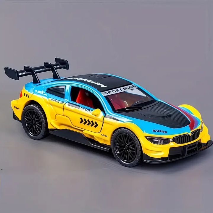 Masina jucarie, Materiale din aliaj, 1:36, pull back, se deschid usi, capota, prtbagaj, Albastru/galben