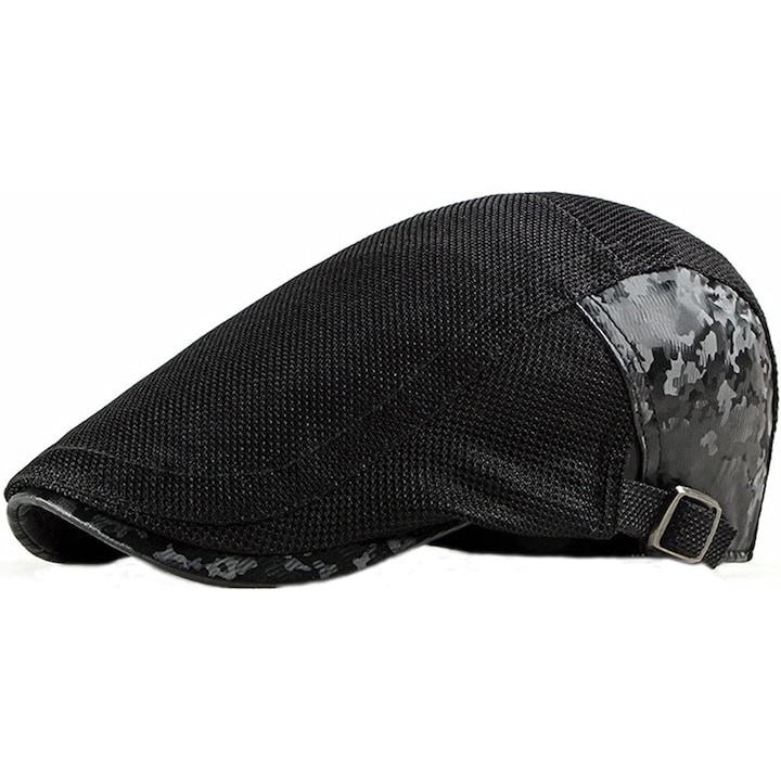 Sapca barbati, Bereta tip reglabil, Allizban®, cu Model, Plasa respirabila, Newsboy, Bumbac/Polyester, Unisex, 55-60 CM, Negru