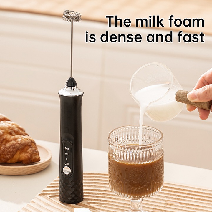 Mixer spumator de lapte 3 in 1 USB, acumulator reincarcabil, cu 3 capete, 3 trepte de viteza, maner izolat termic, pentru capucino, machiato, ness cafe, ciocolata calda, Negru mat