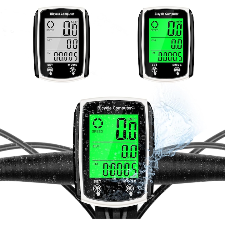 Kerékpár komputer, sebességmérő, 19 funkció, IPX6 vízálló kialakítás, háttérvilágítás, fekete