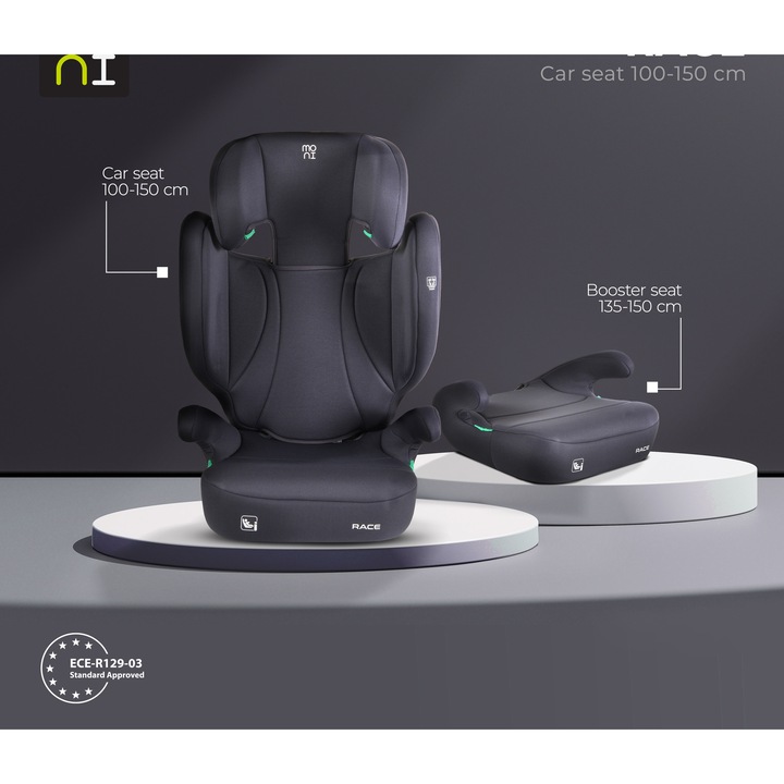 Scaun auto si inaltator fara isofix Moni Race omologat R129 iSize, pentru copii intre 100-150 cm, Stone Gray