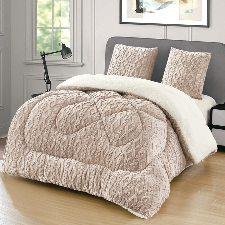 Set 3 Piese Pilota Cocolino Tricotata, Model in Relief 200x230 cm, 2 Fete de Perna 62x62 cm Culoare Crem