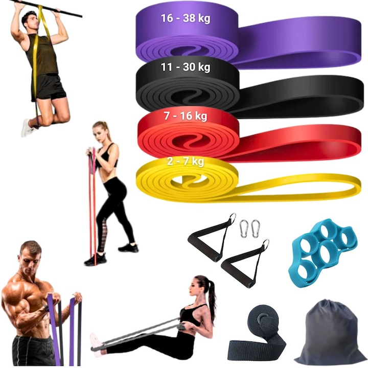 Комплект фитнес ластици, 4 нива на съпротивление 2–38 кг (жълт, червен, черен, лилав), TPE, 208 см, с дръжки, котва за врата, 4 карабинера, чанта за носене, ластик за пръсти от силикон