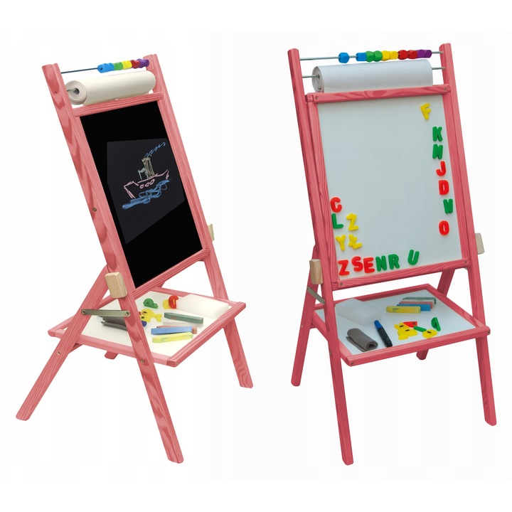 Tabla magnetica rotativa 4 in 1, Hartie + Accesorii, 89 x 40 x 43 cm, Set cu 15 m de hartie, Creta, Marker, Albastru, Setul include: tabla cu creta, tabla pentru scris cu markere, hartie, creta, marker, instructiuni de asamblare, Material: lemn, Varsta: d