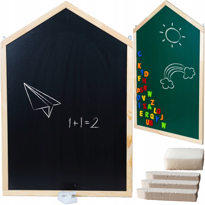 Mágneses tábla krétával, 3toysm, nagy, 62,5 cm x 92,5 cm, kétoldalas, mágneses funkcióval, 3 krétát és egy szivacsot tartalmazó készlet, sötétkék, anyag: fa, 3 éves kortól, ideális tanuláshoz és játékhoz, falra akasztható, lengyel termék