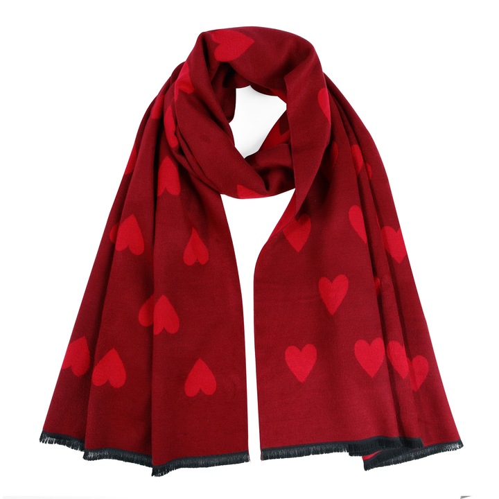 Esarfa dama, Pentru Toamna/Iarna, GOGOU®, imprimeu de inima, cu franjuri, Design reversibil, Calduros, Confortabil, 70x190 cm, Vin Rosu