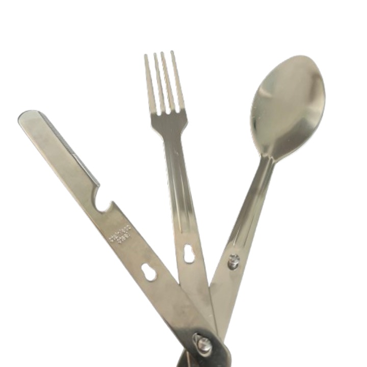Set pentru drumetie, lingura, furculita, cutit si desfacator sticle, 4 in 1, otel inoxidabil, 16x3.5 cm