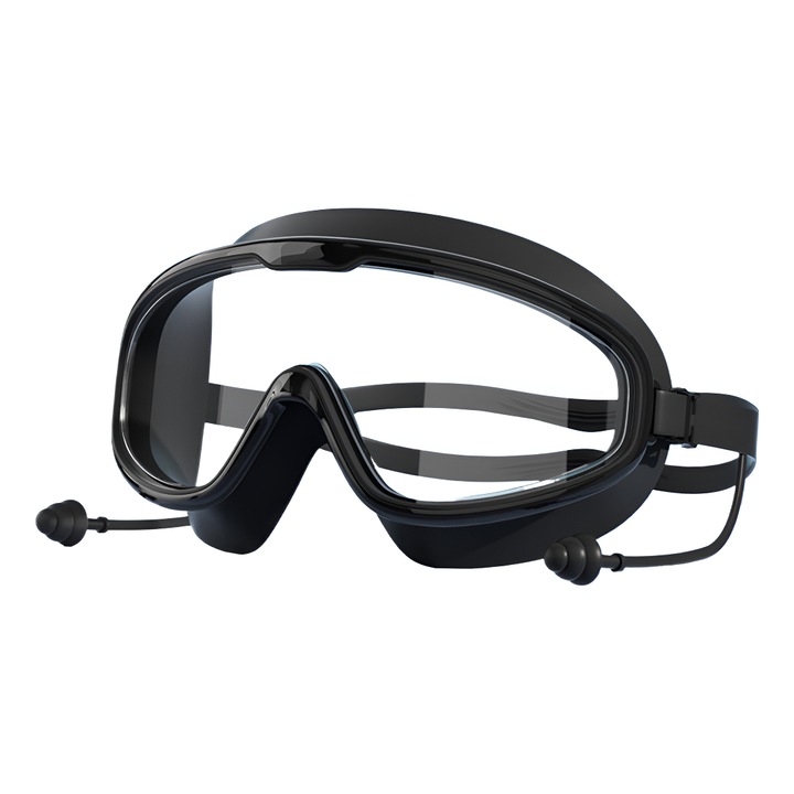Очила за плуване, UV водоустойчиви, водоустойчиви и против замъгляване, подходящи за плуване и гмуркане, регулируеми, широко зрително поле, вградени водоустойчиви тапи за уши, унисекс, черни