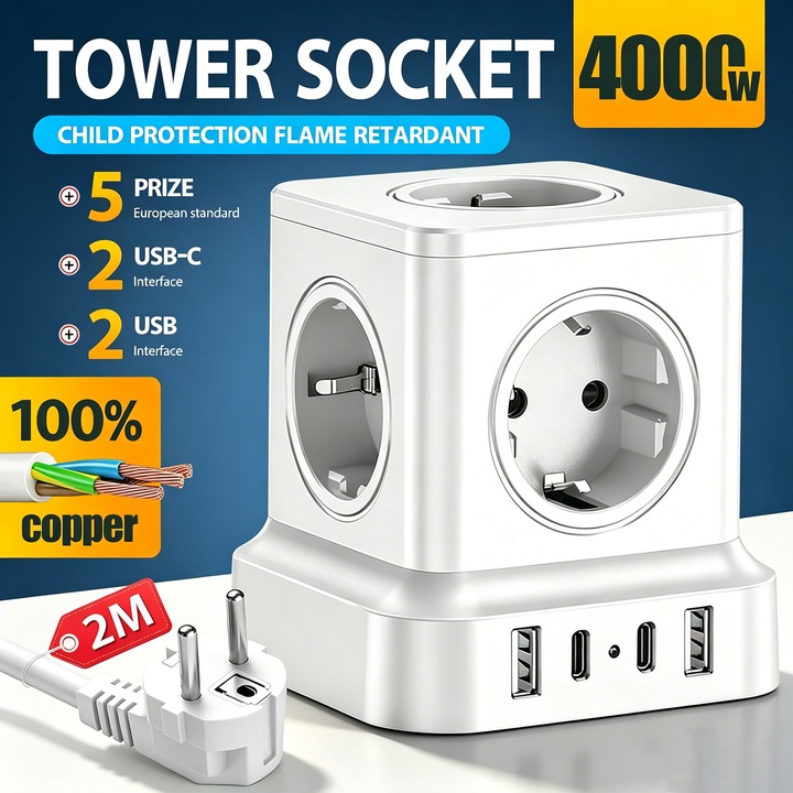Prelungitor Tip Turn, YeeLei®, 4000W, cu Intrerupator, 5 Prize, 2 USB-A, 2 USB-C, Incarcare Rapida PD20W, 1.8M, Protectie Copii, Lgnifug, Protectie Supratensiune, Alb
