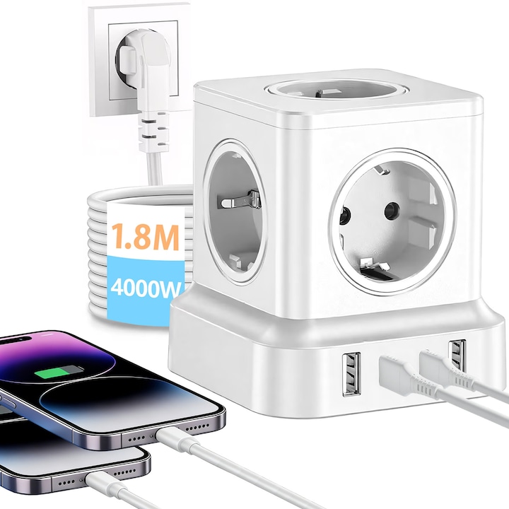 Prelungitor Tip Turn, YeeLei®, 4000W, cu Intrerupator, 5 Prize, 2 USB-A, 2 USB-C, Incarcare Rapida PD20W, 1.8M, Protectie Copii, Lgnifug, Protectie Supratensiune, Alb