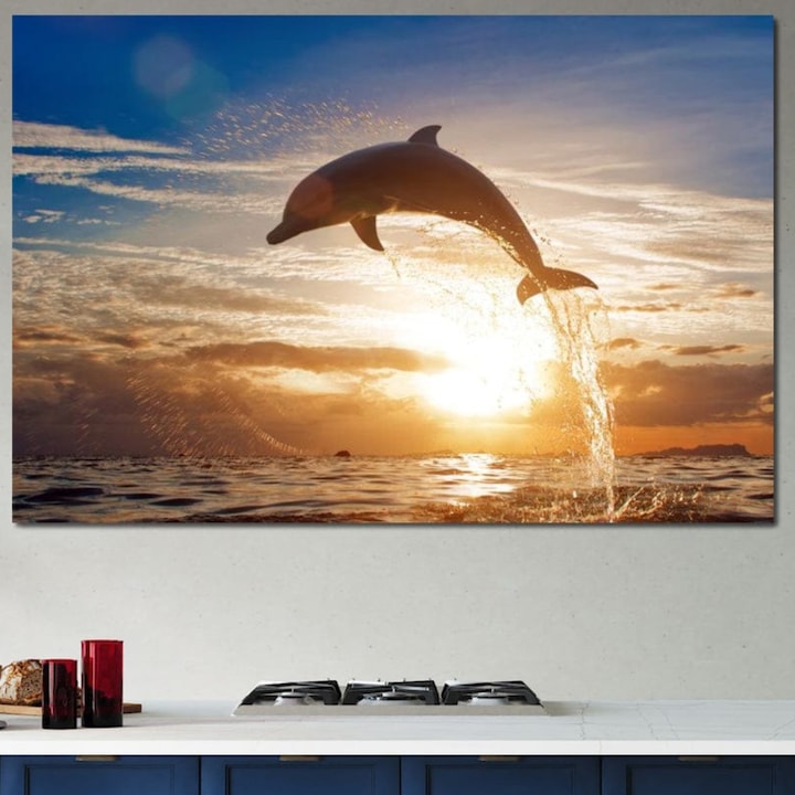 Tablou Canvas Premium, LuxCanva® M1417, Sarutul Soarelui, 70 X 100 CM, Panza Bumbac 100% 400g/m2, Sasiu Lemn, Delfin, Salt, Valuri, Apa, Ocean, Apus, Energie, Viata, Joaca, Libertate, Mamifer, Birou, Living, Camera Copil