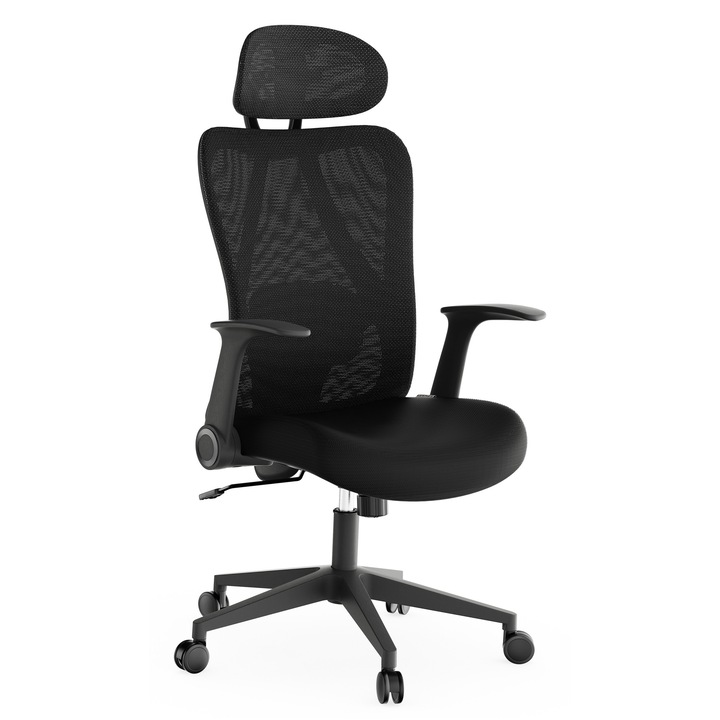 SENSE7 NOXO Irodai Szék, Ergonomikus Hálós, Maximális teherbírás 150 kg, deréktámasszal, állítható fejtámlával, állítható háttámla (90-130°-os szögben), forgatható, rögzítő mechanizmussal, állítható karfákkal, Fekete