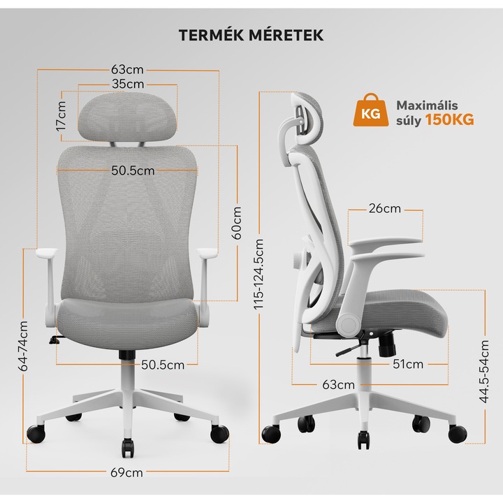 Офис стол SENSE7 NOXO, Ергономична мрежа, Максимално тегло 150 кг, с лумбална опора, с регулируема облегалка за глава, с регулируема облегалка под ъгъл 90-130°, въртящ се, с механизъм за заключване, с регулируеми подлакътници, Сив