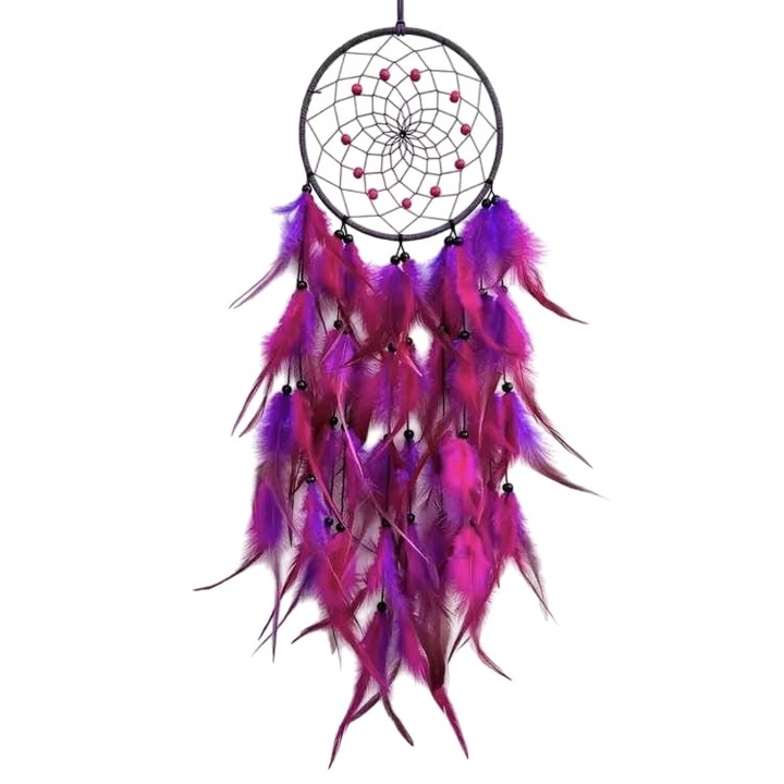Álomfogó, álomcsapda, tollas, jó álmot őrző, indián hagyomány, rossz álom ellen védő dekoráció, falidísz, ciklámen, 16x73 (60 cm) r308
